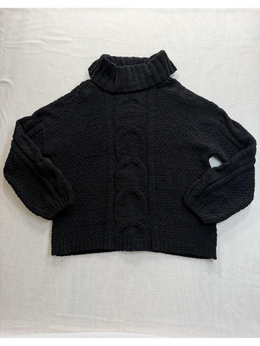 Seven7 Women's Black Chunky Cable Knit Foldover Turtleneck Sweater Size‎ M